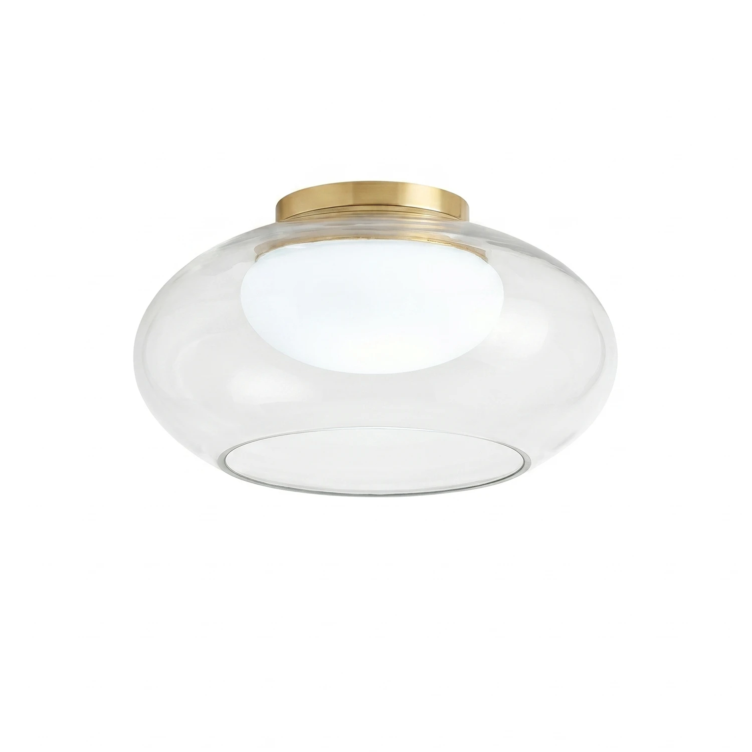 Moor Semi-Flush Mount - White Backdrop Studio Shot - Opal Inner Shade and Brass Base Ceiling Light | Hoai Lamp