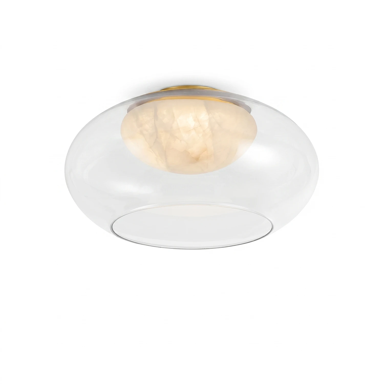 Moor Semi-Flush Mount - Lit Product Shot - Natural Alabaster Core Ceiling Light | Hoai Lamp