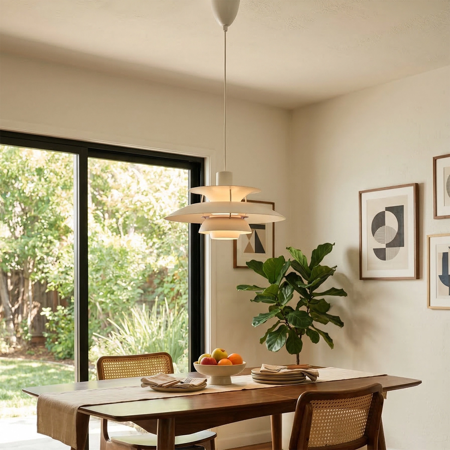 Multi-Tier Saucer Pendant Lamp - Organic Cream White Sunny Eatery Patio View | HoaiLamp