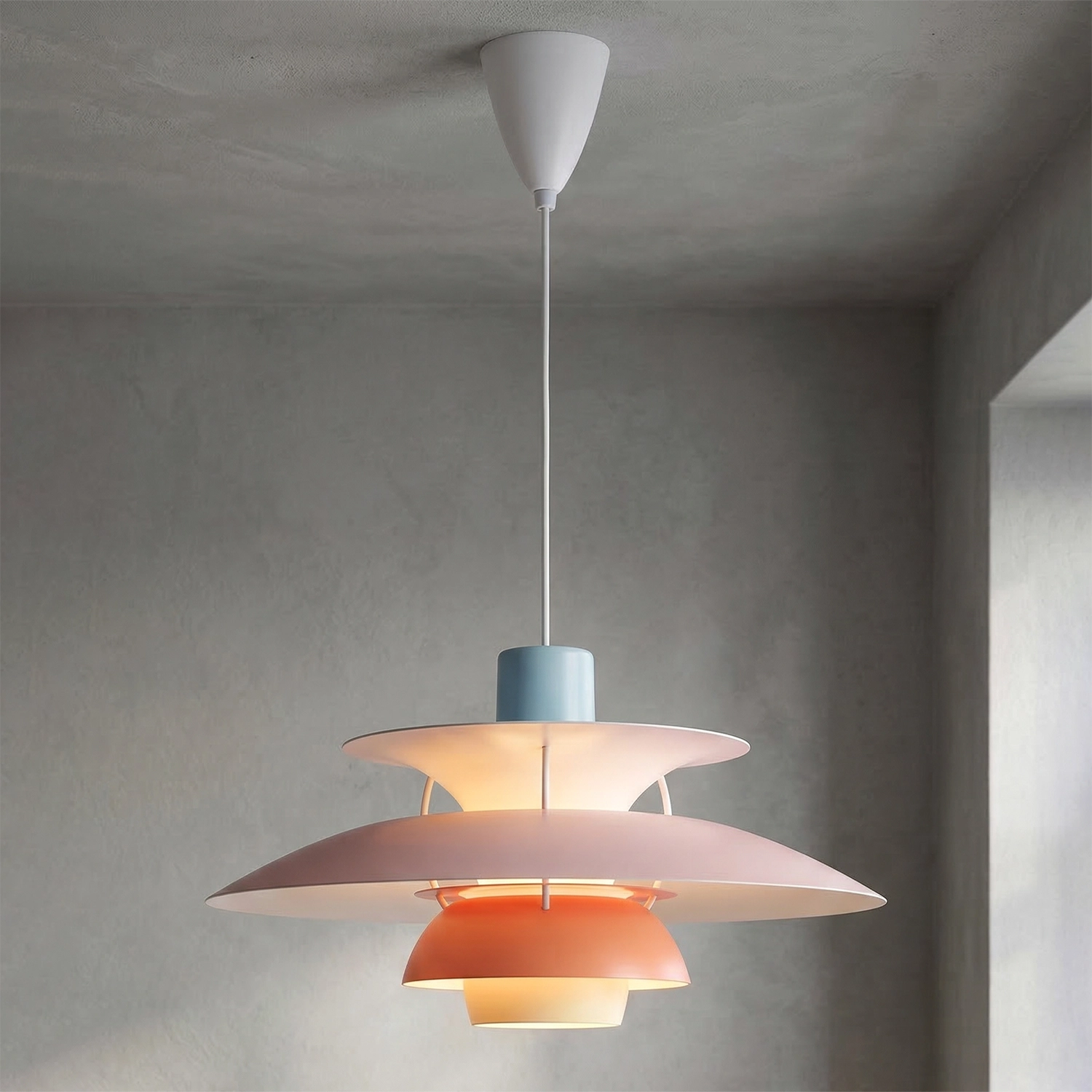 Multi-Tier Saucer Pendant Lamp - Pastel Blue Orange Illuminated Concrete Wall Ray | HoaiLamp