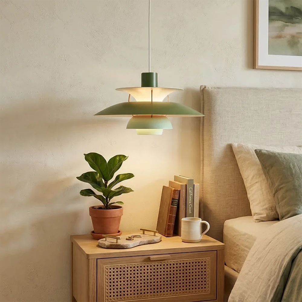 Multi-Tier Saucer Pendant Lamp - Tender Sage Green Aesthetic Nightstand Vignette | HoaiLamp