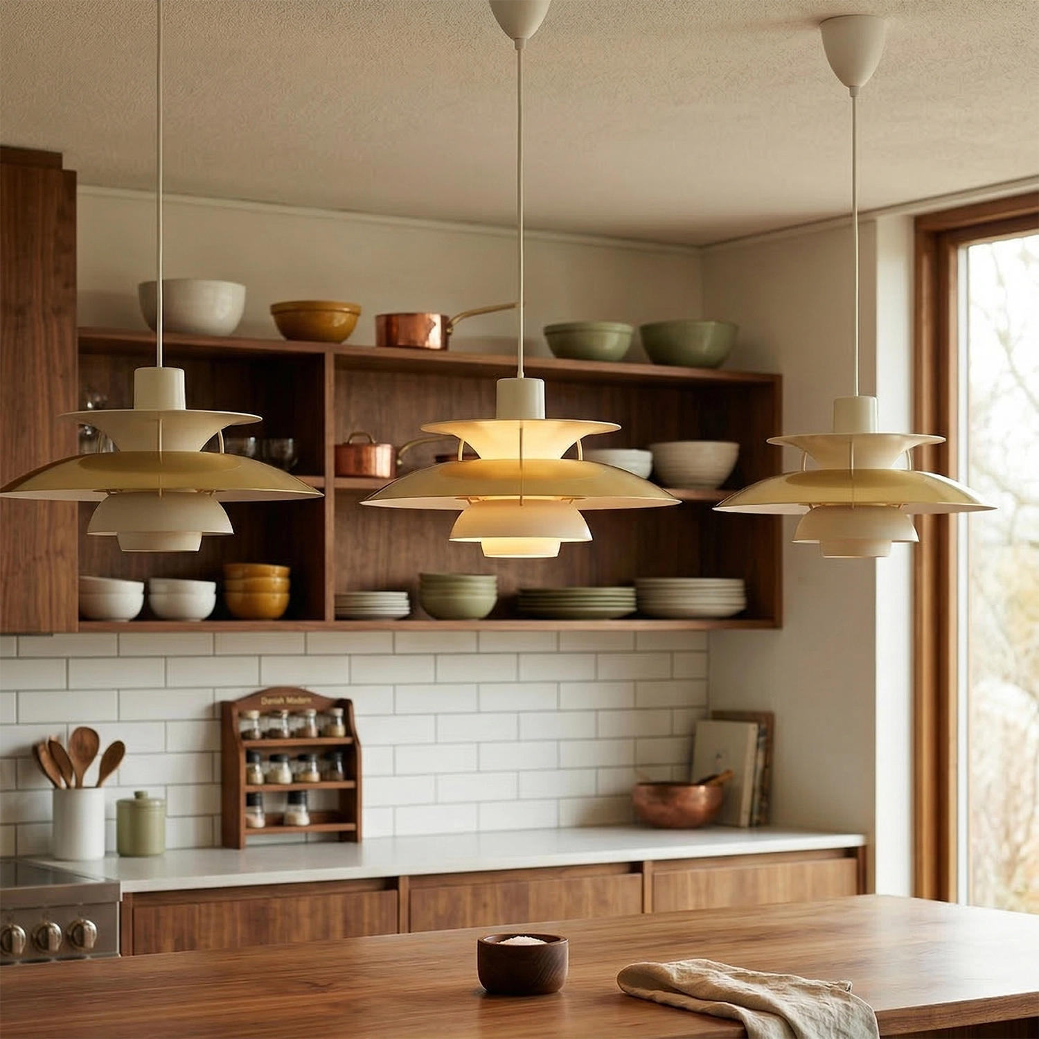 Multi-Tier Saucer Pendant Lamp - Organic Oak Wood Kitchen Island Triple Pendant Set | HoaiLamp