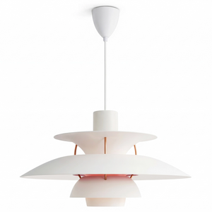 Multi-Tier Saucer Pendant Lamp - White Saucer with Vibrant Red Hardware Connector Detail | HoaiLamp