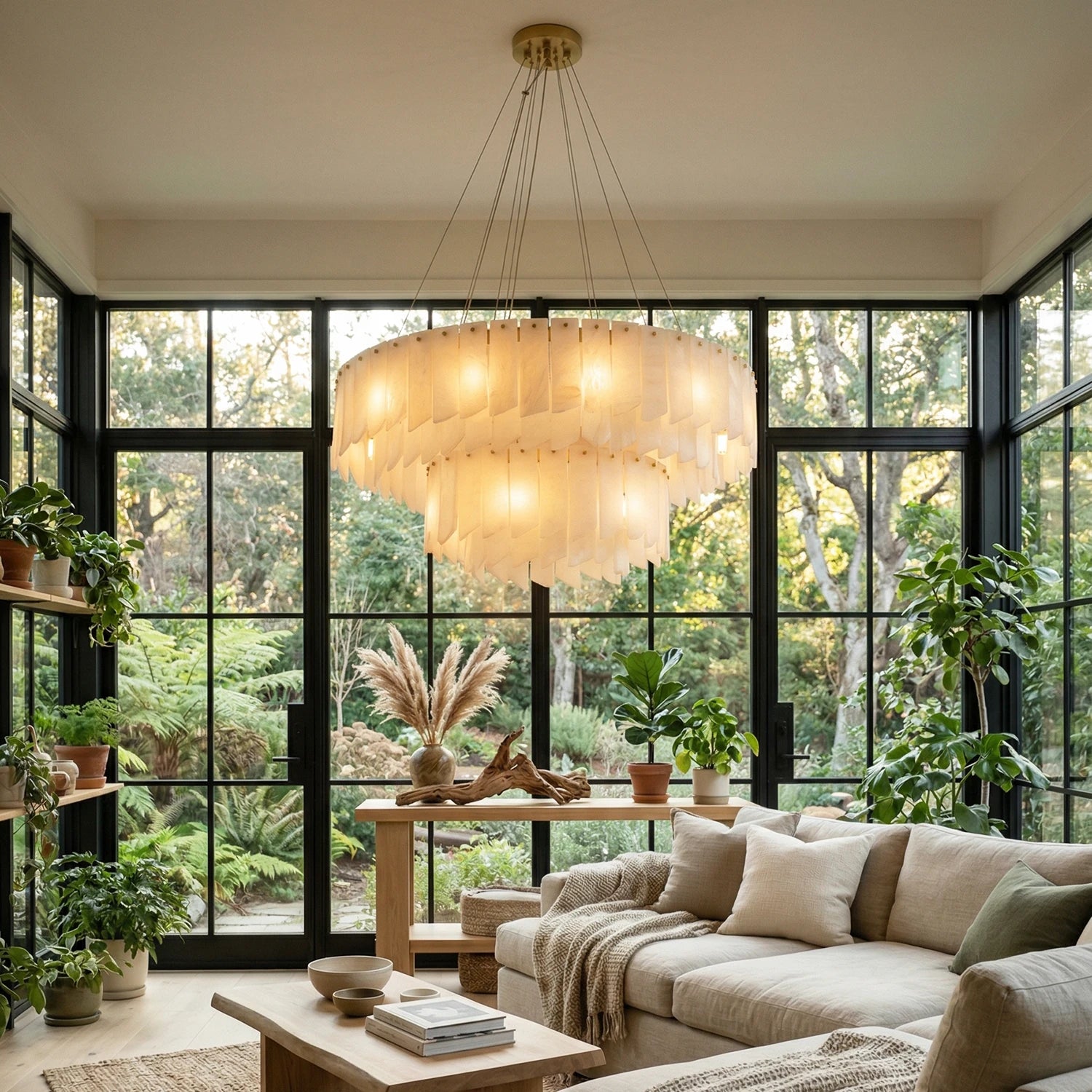 Cascade Alabaster Tiered Brass Chandelier-Triple-Tier Round Cascade - Art Deco Vintage | HoaiLamp