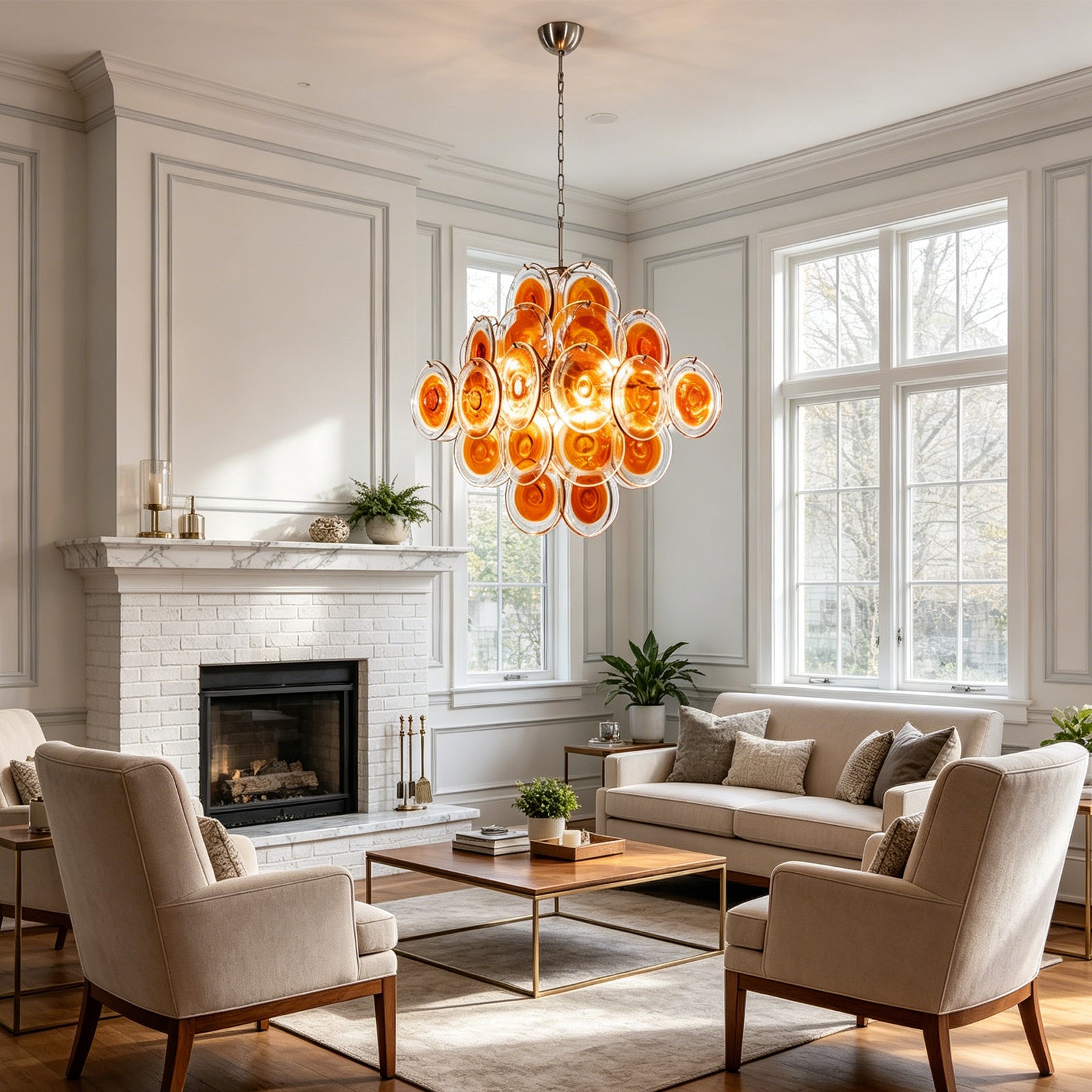 Murano Orange Disk Chandelier - Elegant Lounge Symmetry | HoaiLamp