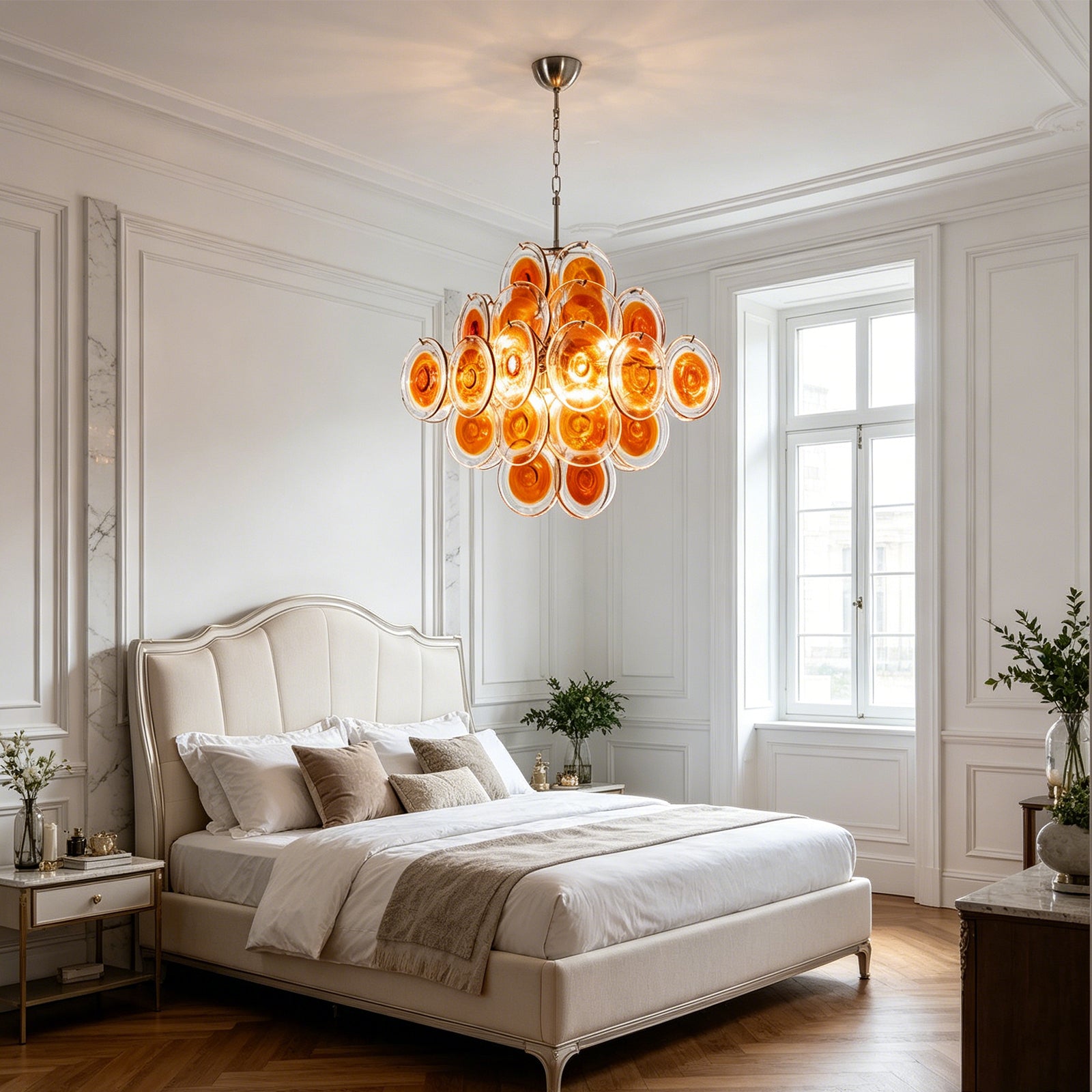 Murano Orange Disk Chandelier - Serene Bedroom Statement | HoaiLamp