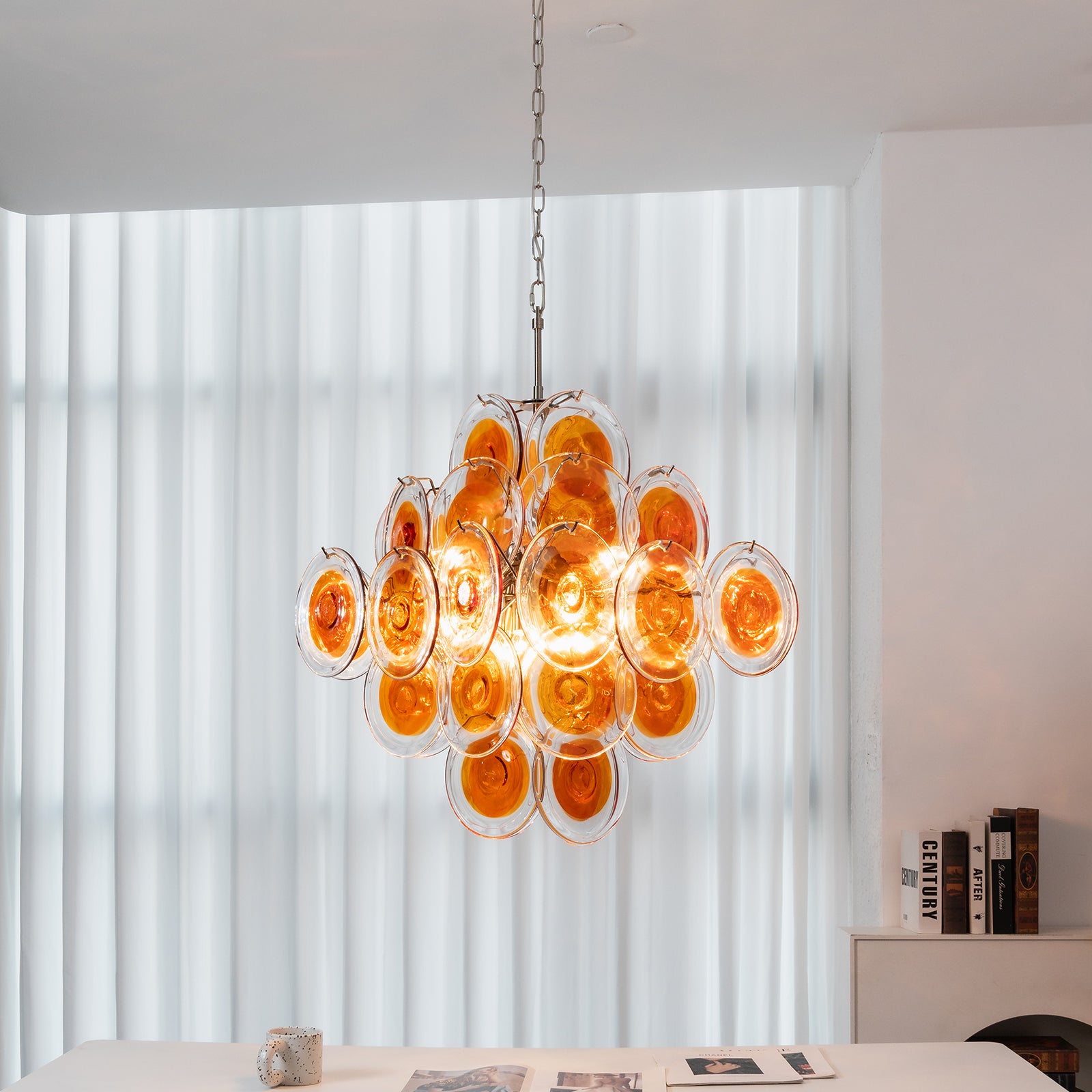 Murano Orange Disk Chandelier - Contemporary Window Backdrop | HoaiLamp