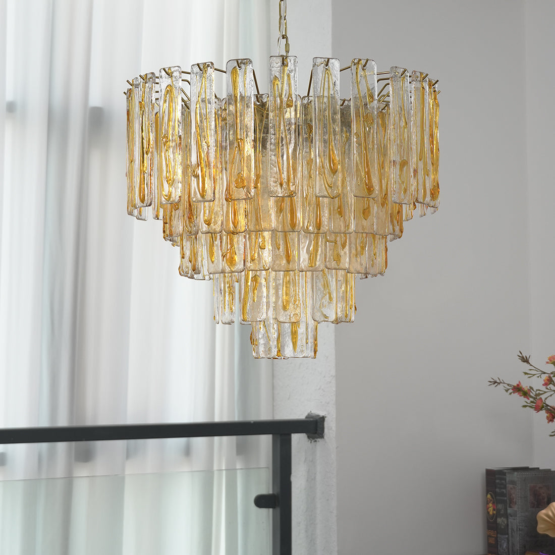 Murano Style Amber Glass Tiered Chandelier - Ambient Room Lighting Railing Detail | HoaiLamp