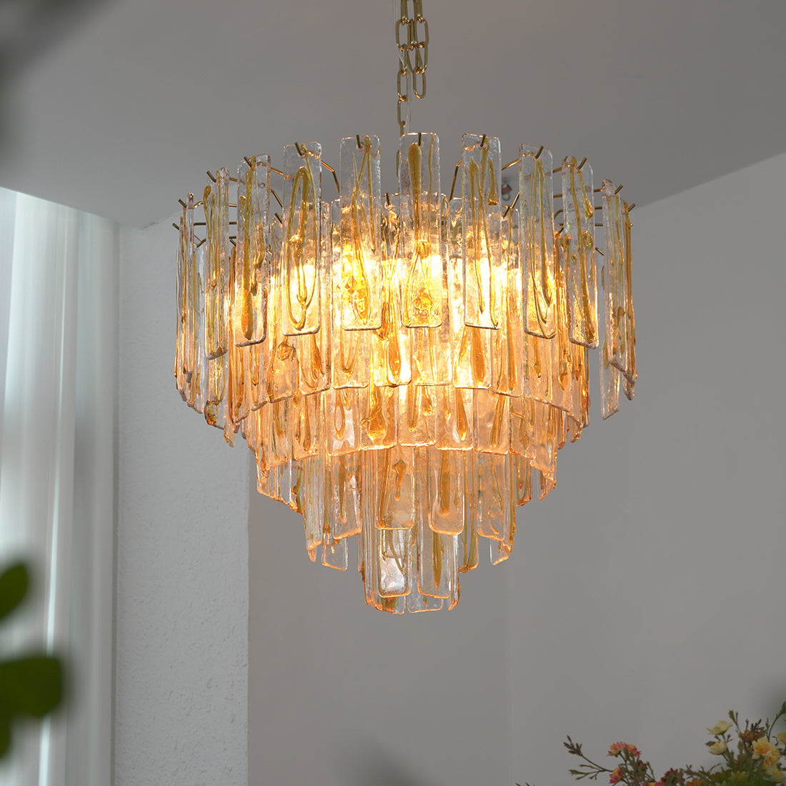 Murano Style Amber Glass Tiered Chandelier - Close-Up Cascading Amber Glass Tube Detail | HoaiLamp