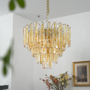 Murano Style Amber Glass Tiered Chandelier - Corner Wall Perspective Greenery Foreground | HoaiLamp