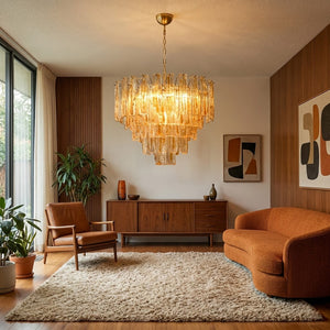 Murano Style Amber Glass Tiered Chandelier - Cozy Sitting Room Terracotta Curved Sofa | HoaiLamp