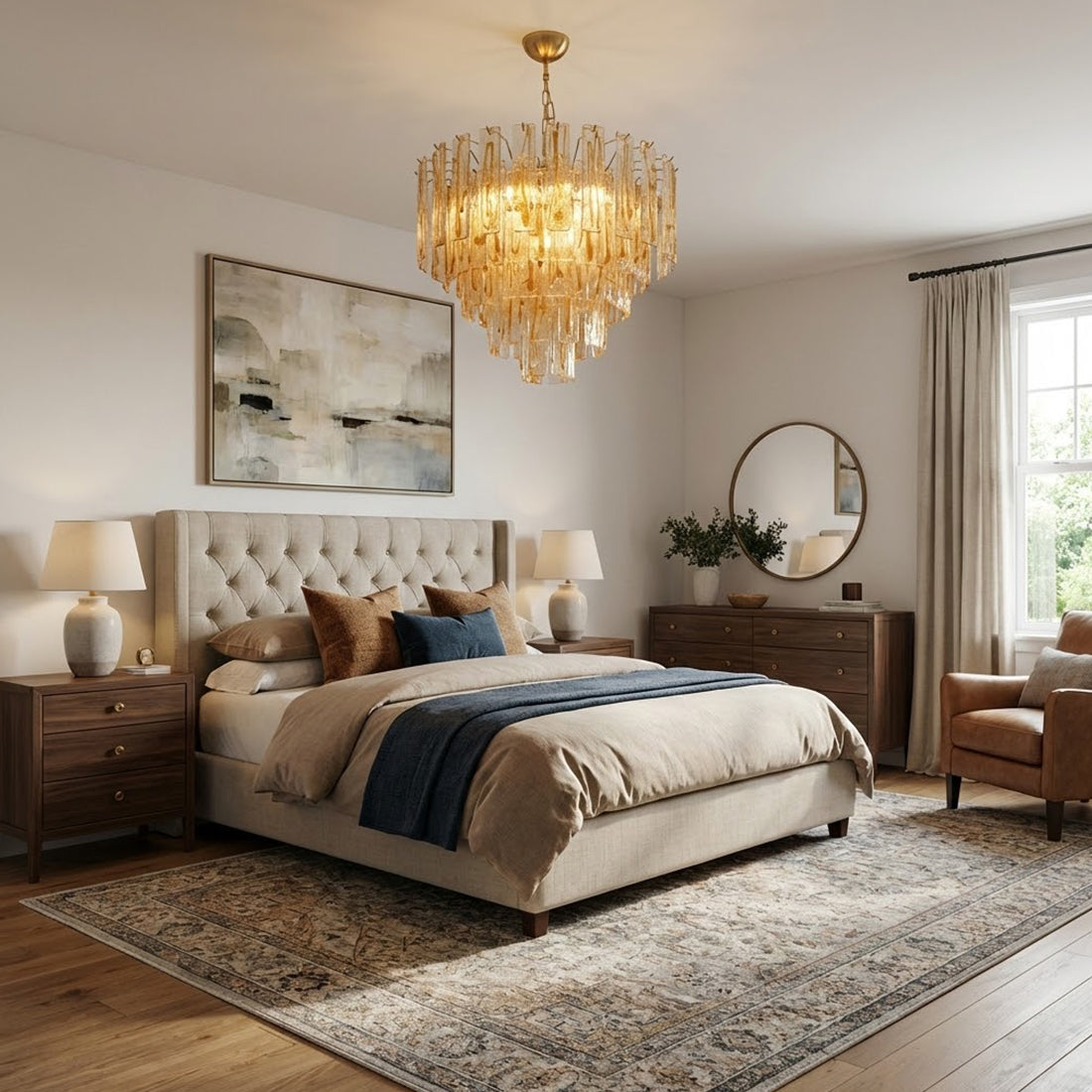 Murano Style Amber Glass Tiered Chandelier - Elegant Master Bedroom Tufted Button Headboard | HoaiLamp