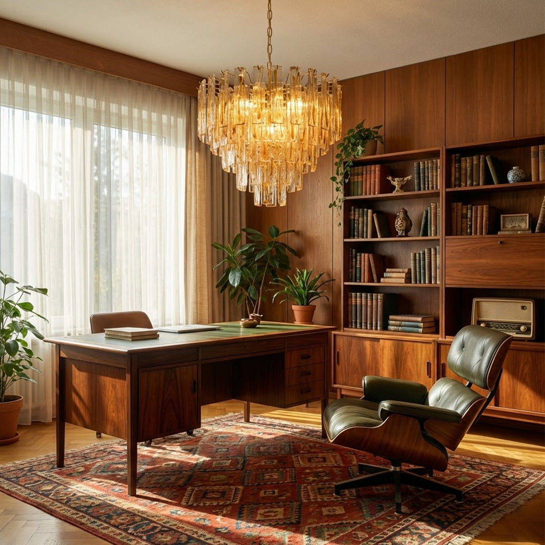 Murano Style Amber Glass Tiered Chandelier - Executive Home Office Retro Wooden Desk Bookcase | HoaiLamp