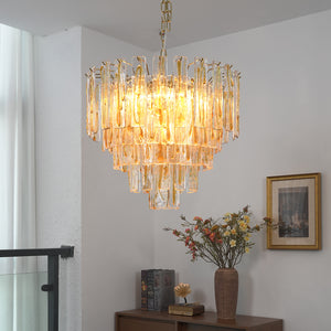 Murano Style Amber Glass Tiered Chandelier - Living Room Vignette Credenza Artwork | HoaiLamp