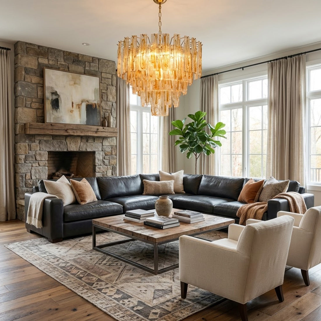 Murano Style Amber Glass Tiered Chandelier - Luxury Living Room Rustic Stone Fireplace | HoaiLamp