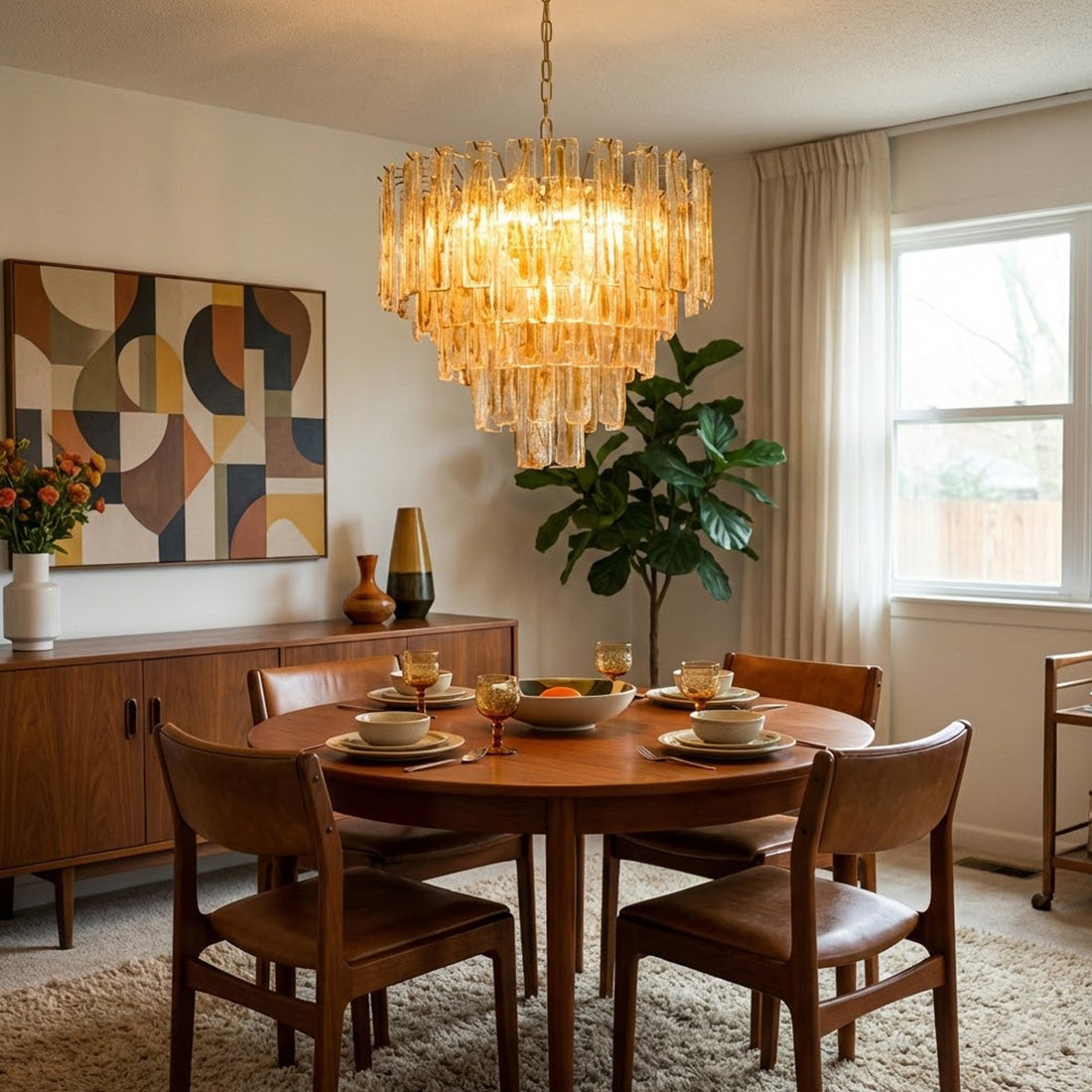 Murano Style Amber Glass Tiered Chandelier - Mid-Century Dining Area Sideboard Credenza | HoaiLamp