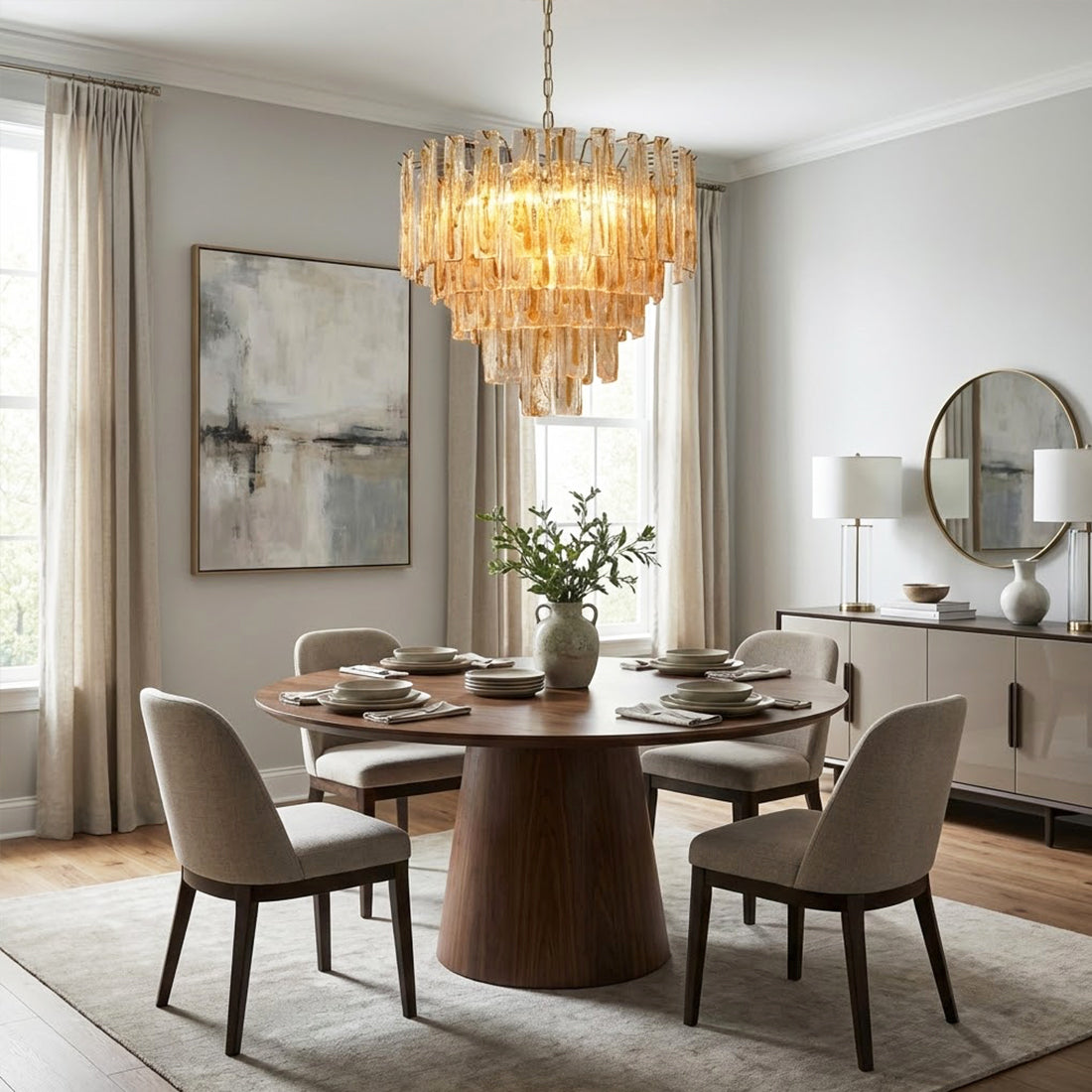 Murano Style Amber Glass Tiered Chandelier - Modern Dining Room Round Wooden Table | HoaiLamp