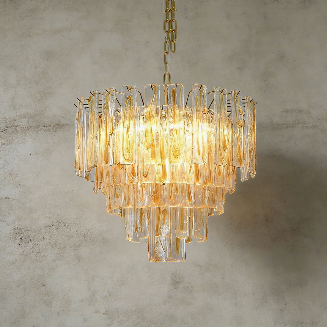 Murano Style Amber Glass Tiered Chandelier - Studio Warm Glow Textured Grey Background | HoaiLamp
