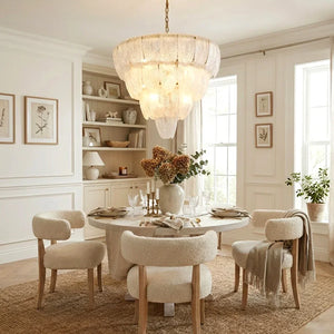 Murano-Style Tiered Glass Chandelier - Bright Formal Dining Room Round Table White Chairs | HoaiLamp