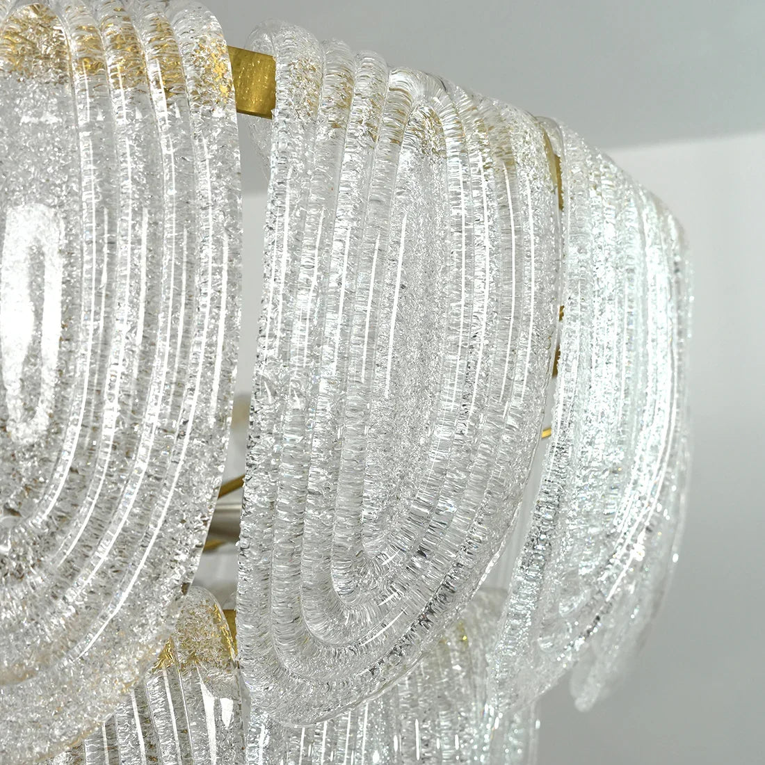 Murano-Style Tiered Glass Chandelier - Close Up Curved Glass Slats Gold Metal Frame | HoaiLamp