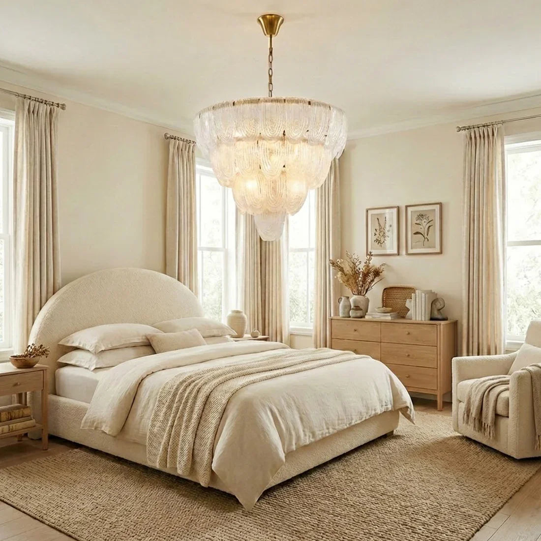 Murano-Style Tiered Glass Chandelier - Elegant Cream Bedroom Tufted Headboard Cozy Textiles | HoaiLamp