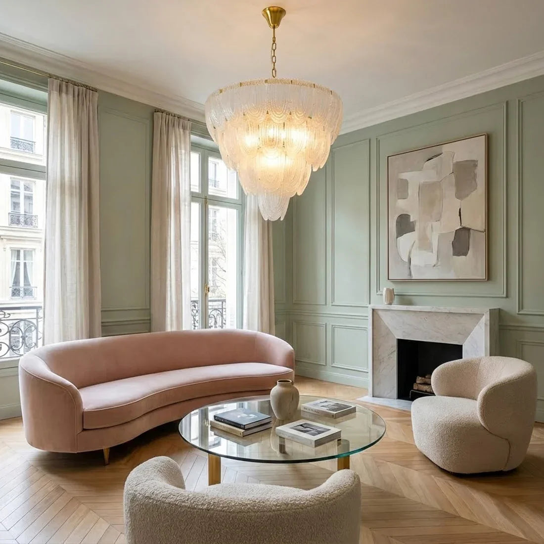 Murano-Style Tiered Glass Chandelier - Modern Living Room Pink Velvet Sofa Green Accent Wall | HoaiLamp