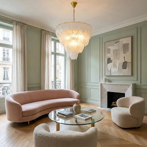 Murano-Style Tiered Glass Chandelier - Modern Living Room Pink Velvet Sofa Green Accent Wall | HoaiLamp