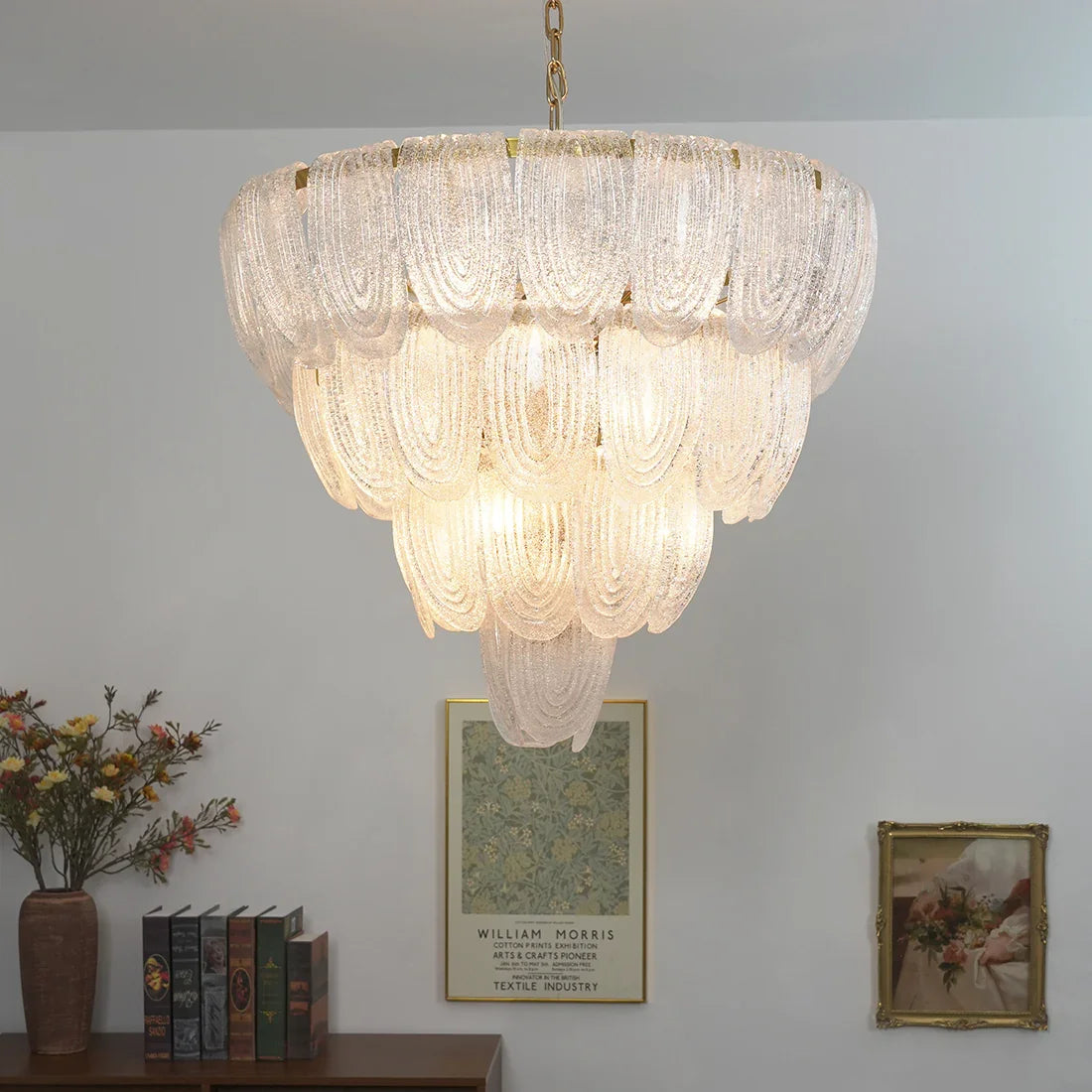 Murano-Style Tiered Glass Chandelier - Room Side Corner Credenza Books Decor Warm Lit | HoaiLamp