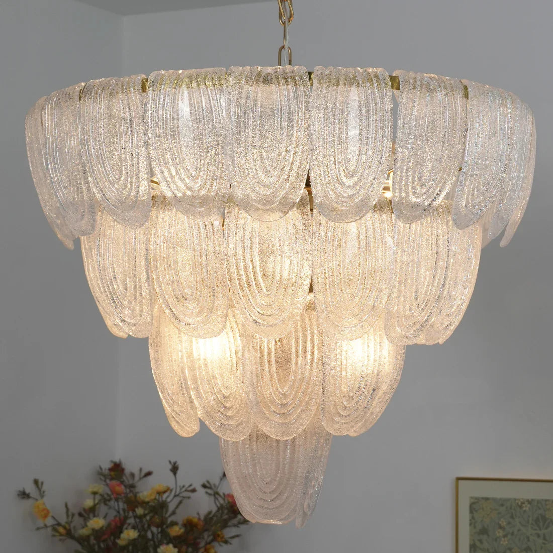 Murano-Style Tiered Glass Chandelier - Studio Close Up Clear Textured Glass Leaves Lit | HoaiLamp