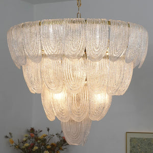 Murano-Style Tiered Glass Chandelier - Studio Close Up Clear Textured Glass Leaves Lit | HoaiLamp