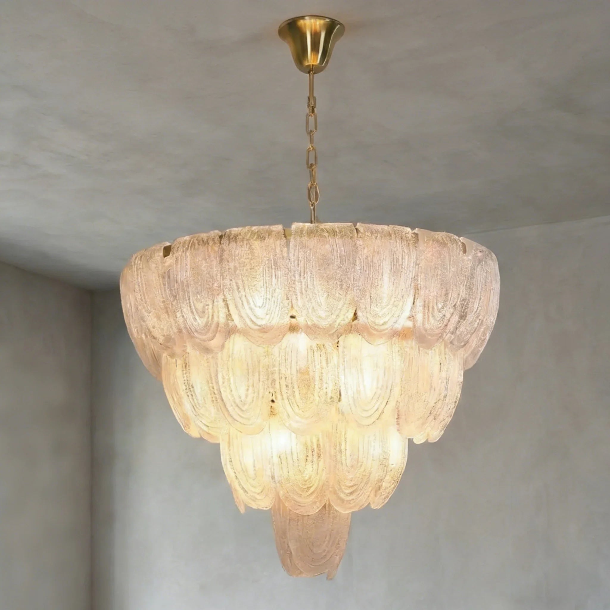 Murano-Style Tiered Glass Chandelier - Studio Grey Backdrop Tiered Cascading Warm Lit | HoaiLamp