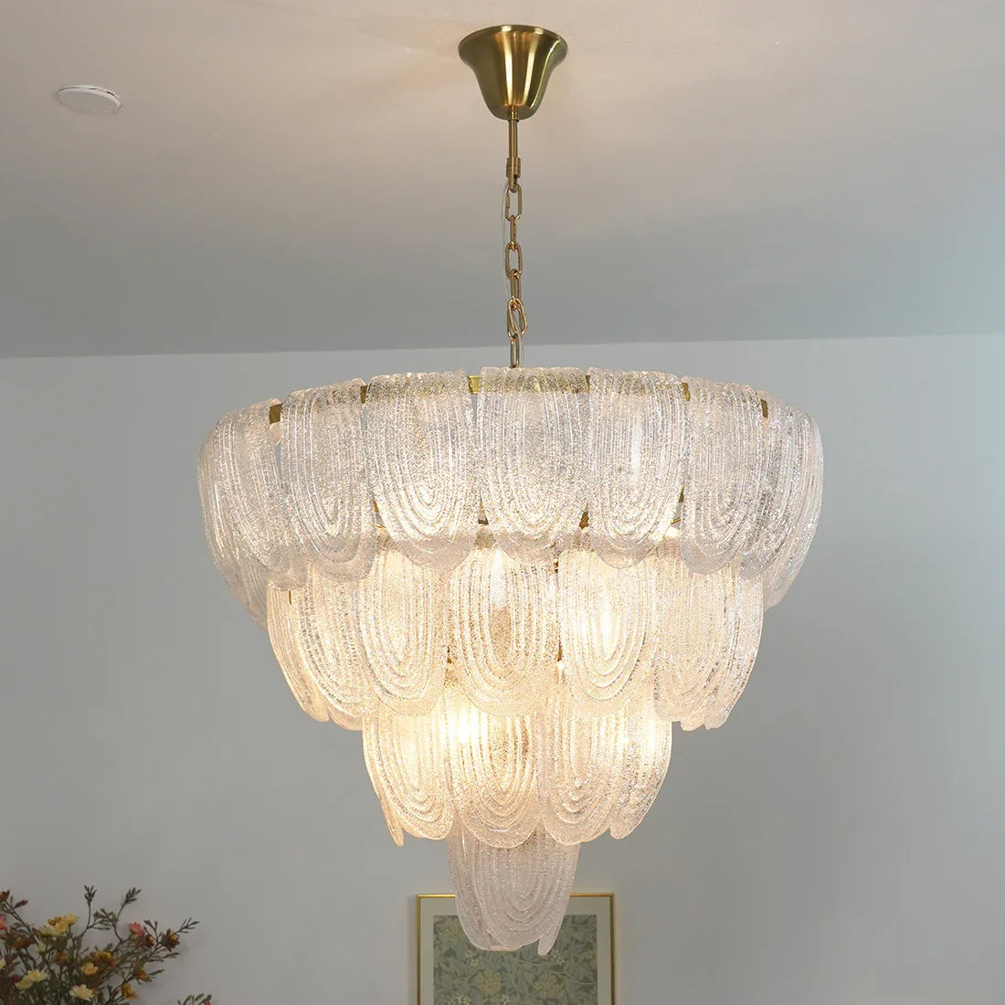 Murano-Style Tiered Glass Chandelier - Studio Grey Wall Front Angle Tiered Cascade Glow | HoaiLamp