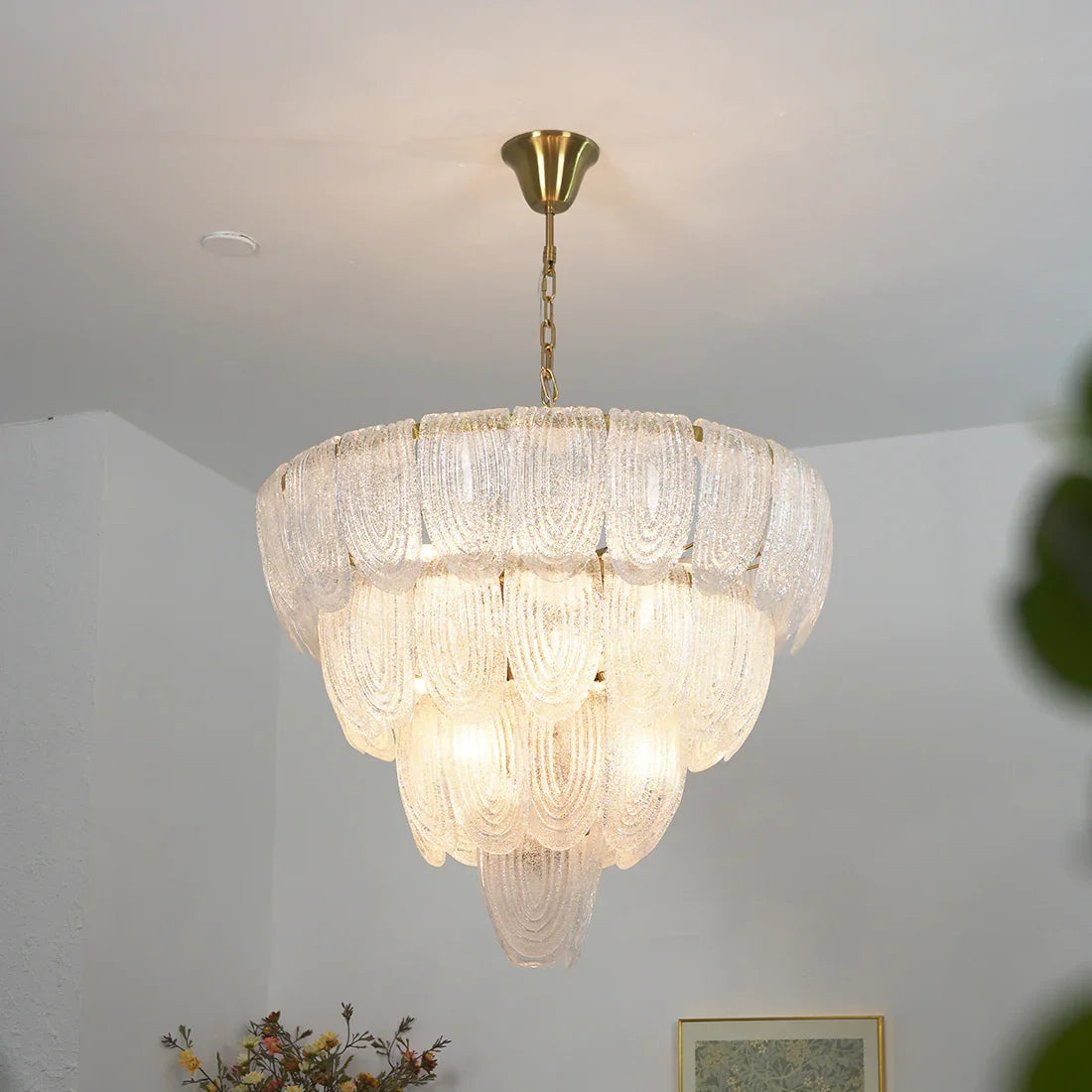 Murano-Style Tiered Glass Chandelier - Studio Off White Backdrop Low Angle Warm Glow | HoaiLamp