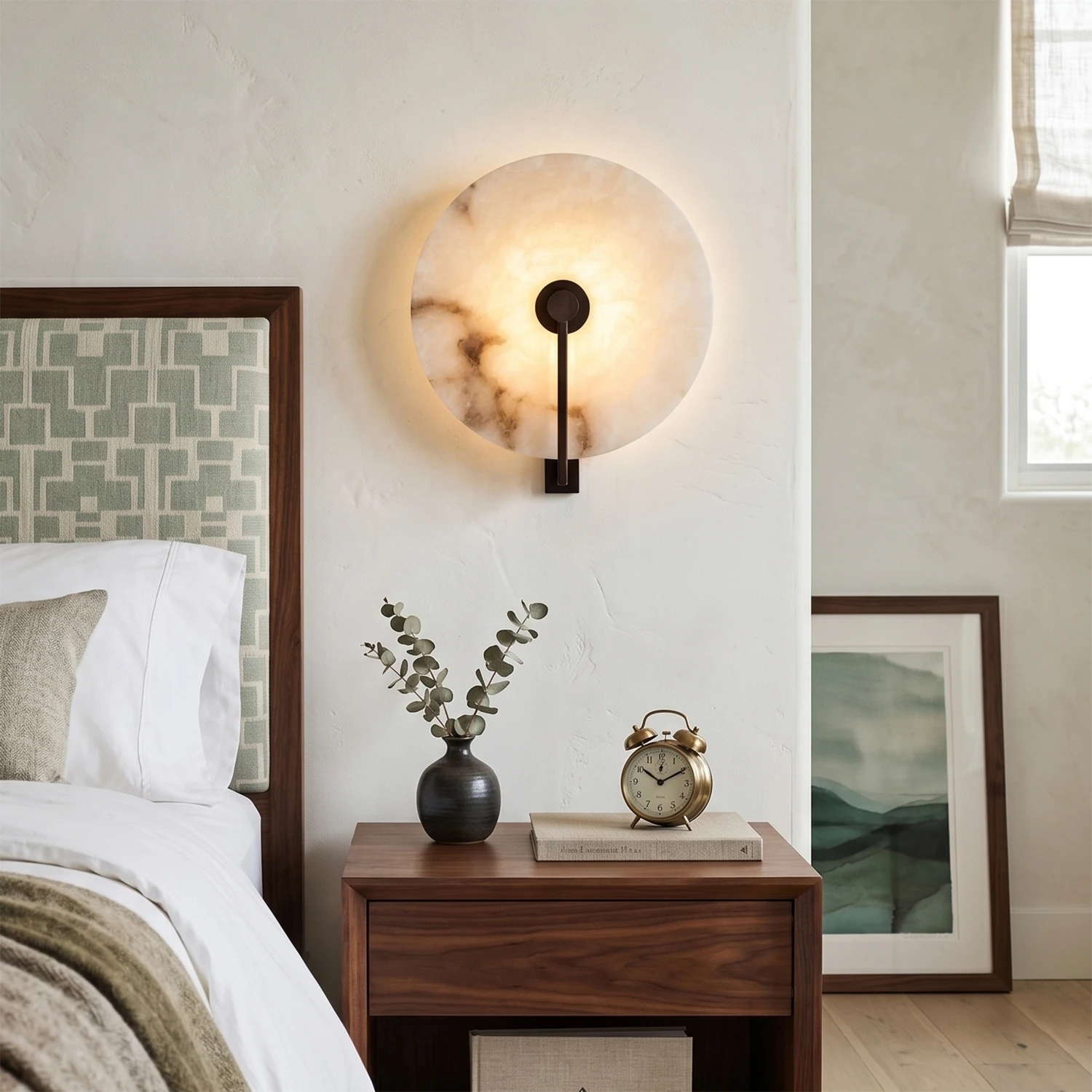 Natural Alabaster Disc LED Wall Sconce for Bedside Lighting-Natural Stone Wall Lamp | HoaiLamp