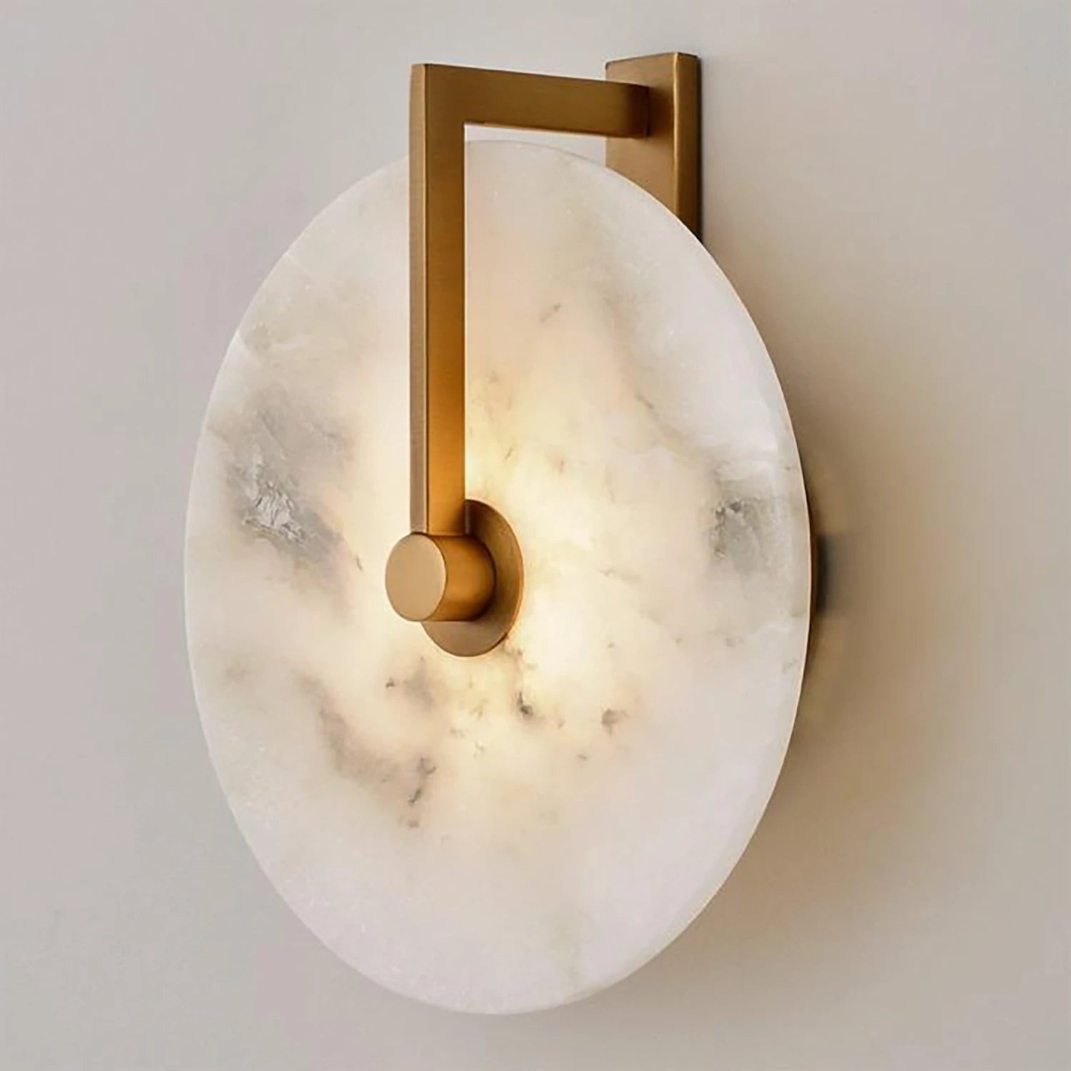 Natural Alabaster Disc LED Wall Sconce - Mid Century Gold Trim Vignette | HoaiLamp