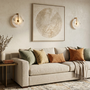 Natural Alabaster Disc LED Wall Sconce - Living Room Sofa Corner Placement | HoaiLamp