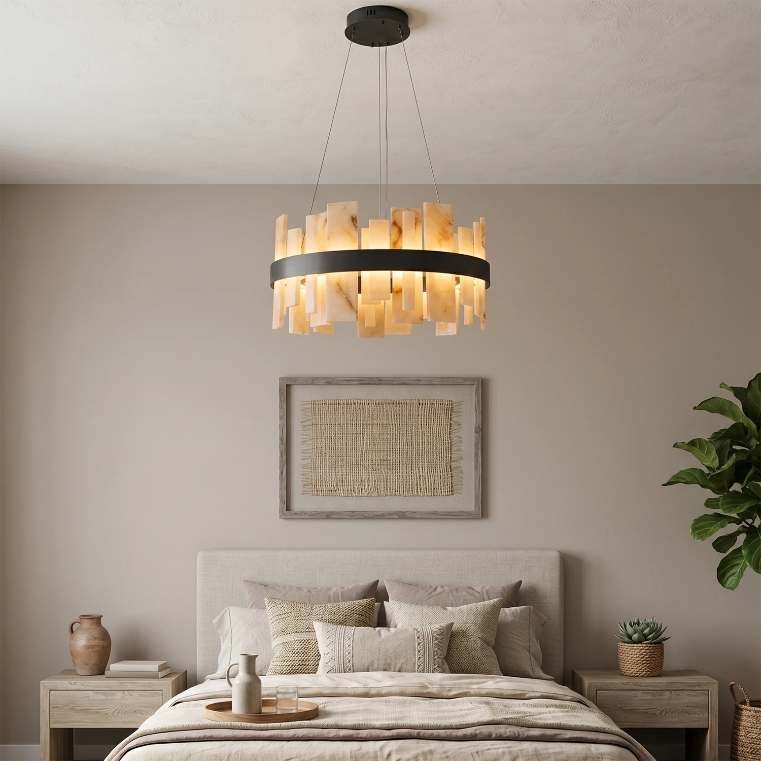 Natural Alabaster Tile Round Chandelier - Minimalist Master Bedroom Neutral Wall Black Finish | HoaiLamp