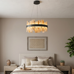 Natural Alabaster Tile Round Chandelier - Minimalist Master Bedroom Neutral Wall Black Finish | HoaiLamp