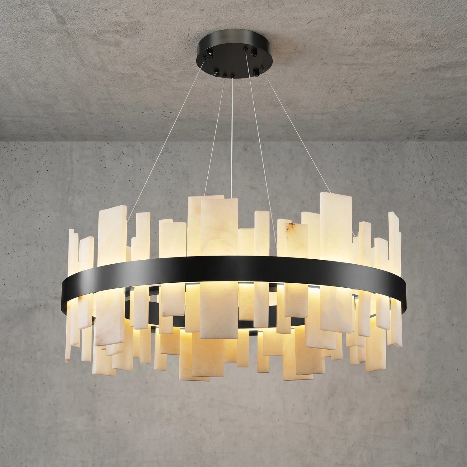 Natural Alabaster Tile Round Chandelier - Studio Grey Concrete Backdrop Wide Black Finish Warm Lit | HoaiLamp