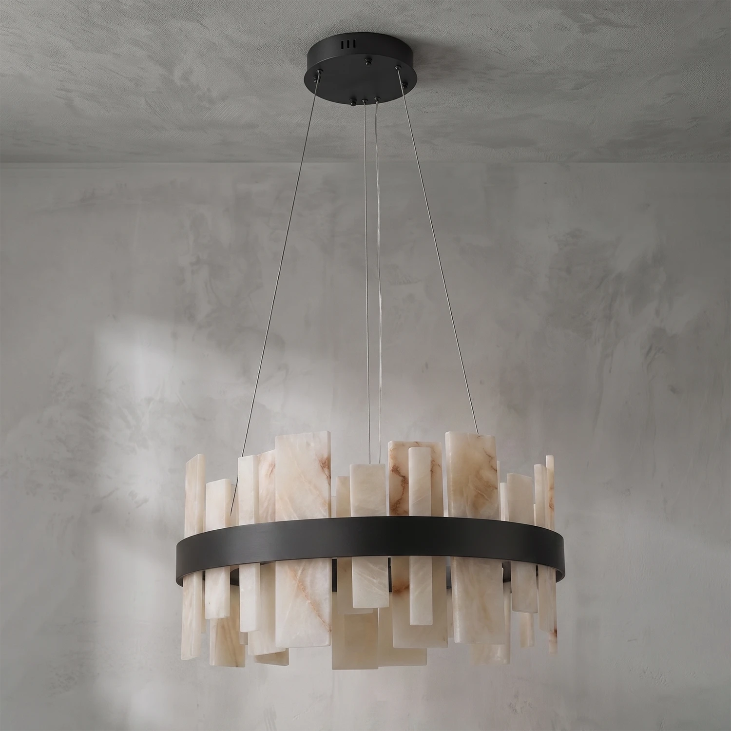 Natural Alabaster Tile Round Chandelier - Studio Grey Concrete Backdrop Matte Black Finish Unlit | HoaiLamp