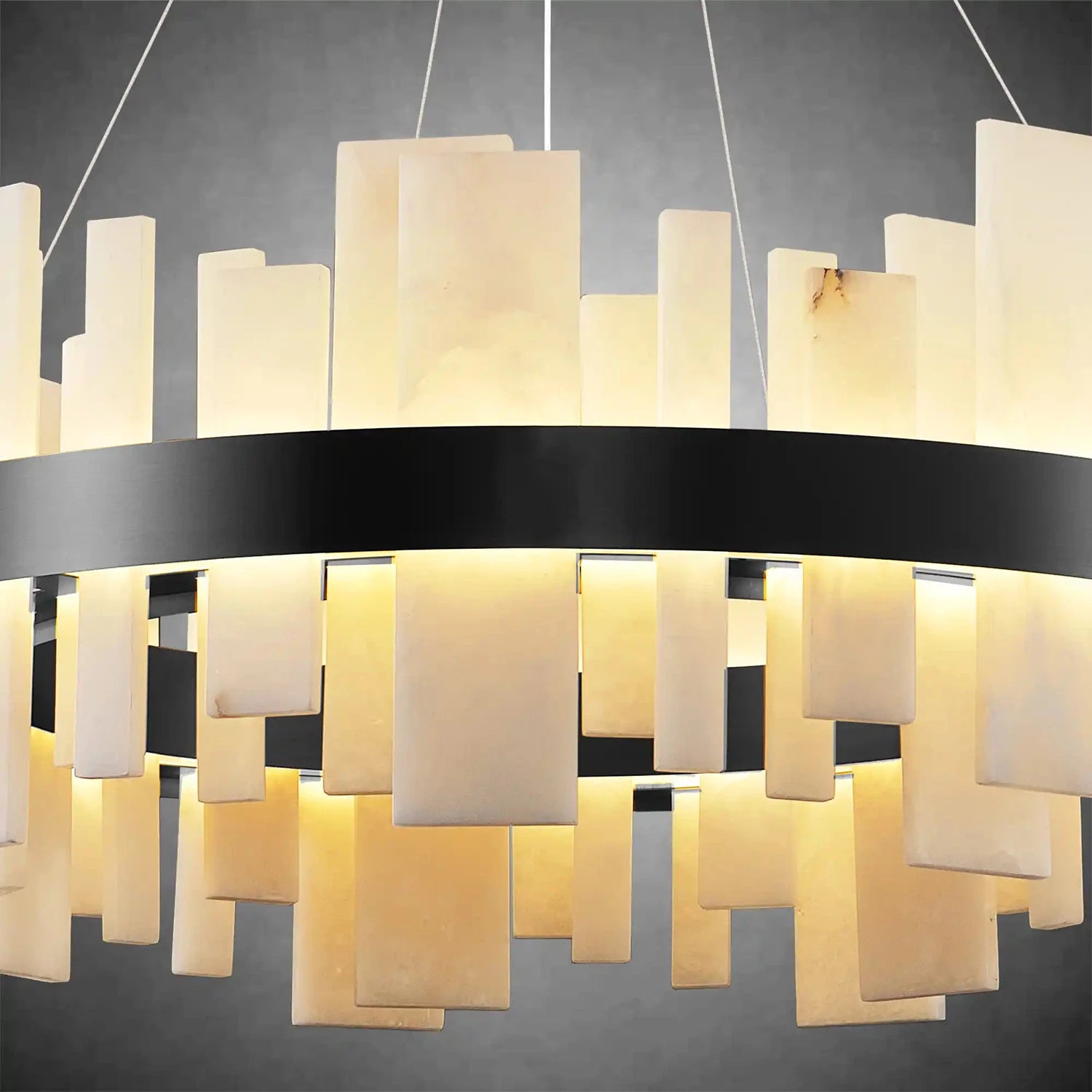 Natural Alabaster Tile Round Chandelier - Macro Close Up Matte Black Finish Warm Lit | HoaiLamp