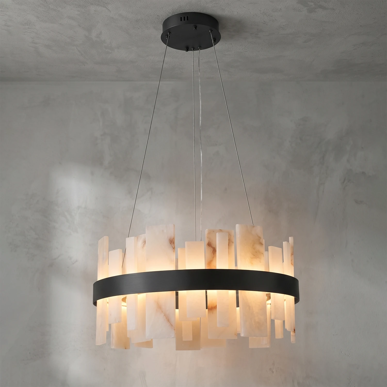Natural Alabaster Tile Round Chandelier - Studio Grey Concrete Backdrop Matte Black Finish Warm Lit | HoaiLamp