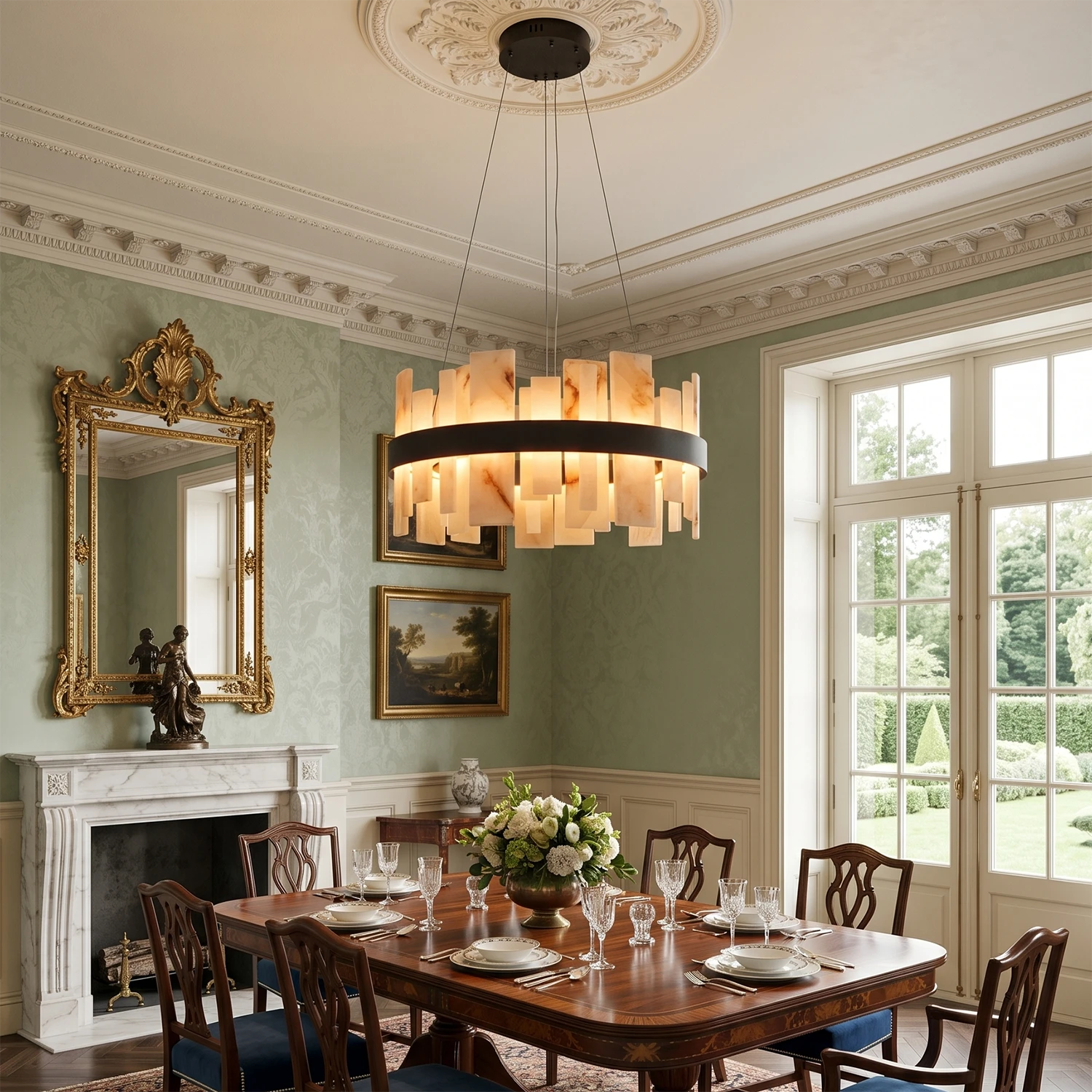 Natural Alabaster Tile Round Chandelier - Classical French Dining Room Gold Mirror Fireplace Black Finish | HoaiLamp