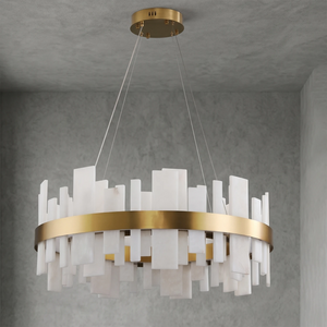 Natural Alabaster Tile Round Chandelier - Studio Grey Concrete Backdrop Wide Gold Finish Unlit | HoaiLamp