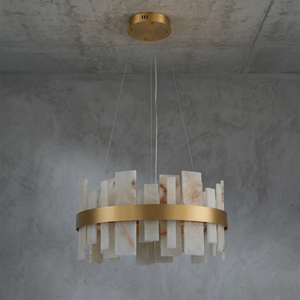 Natural Alabaster Tile Round Chandelier - Studio Grey Concrete Backdrop Gold Finish Warm Lit | HoaiLamp