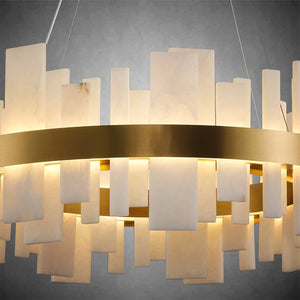 Natural Alabaster Tile Round Chandelier - Macro Close Up Gold Brass Finish Warm Lit | HoaiLamp