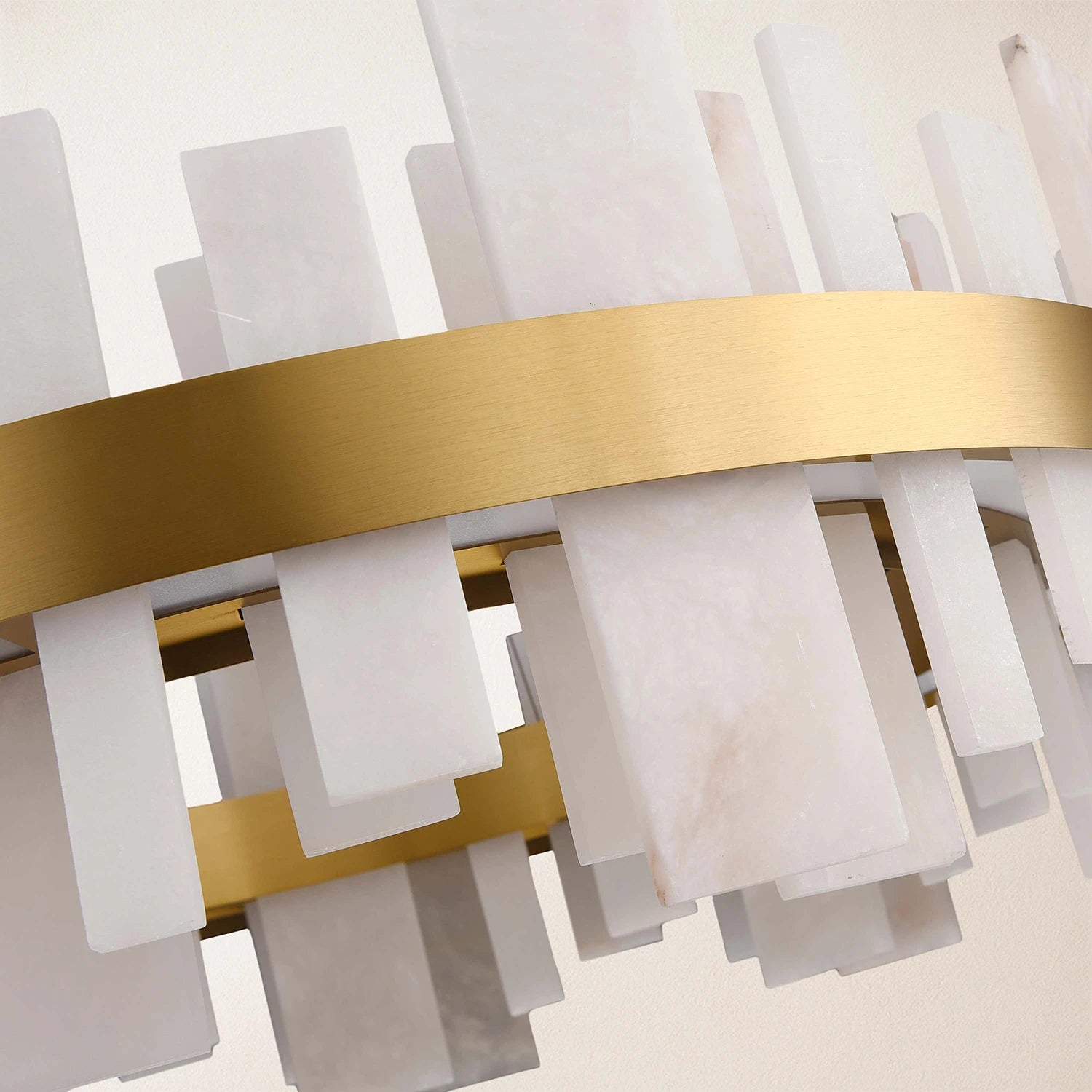 Natural Alabaster Tile Round Chandelier - Close Up Angled View White Slats Unlit | HoaiLamp