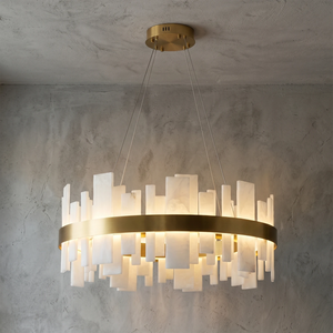 Natural Alabaster Tile Round Chandelier - Studio Grey Concrete Backdrop Wide Gold Finish Warm Lit | HoaiLamp