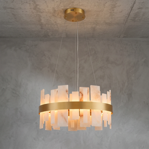 Natural Alabaster Tile Round Chandelier - Studio Grey Concrete Backdrop Gold Brass Finish Warm Lit | HoaiLamp