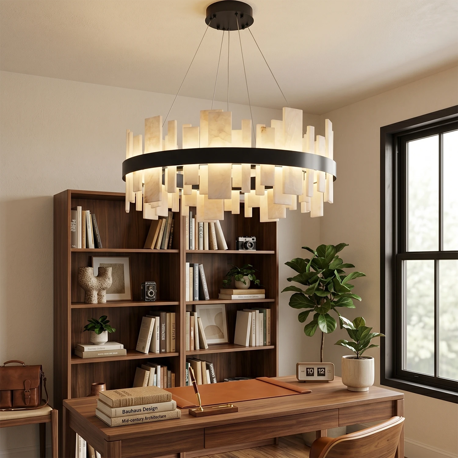 Natural Alabaster Tile Round Chandelier - Home Office Study Room Wooden Desk Bookshelves Black Finish | HoaiLamp